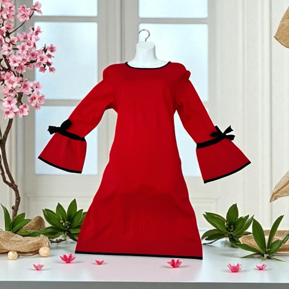 Appleseed's Red Long Sleeve Knee Length Dress with Black Accents in size Large
